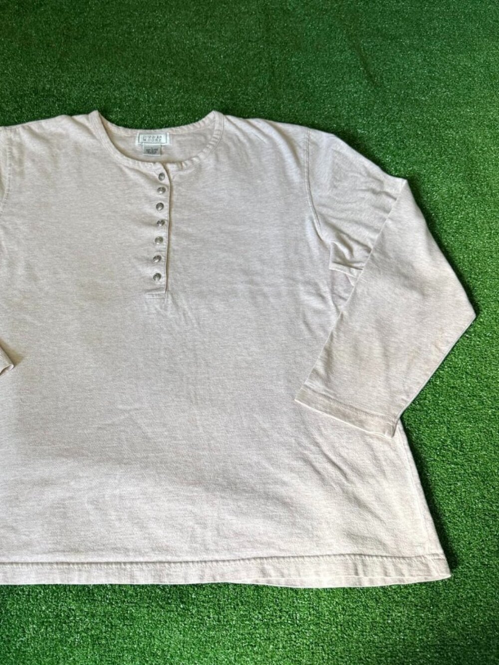 Jennifer Moore Y2K Henley Long Sleeve Heather Beige Button Cotton Top Size L